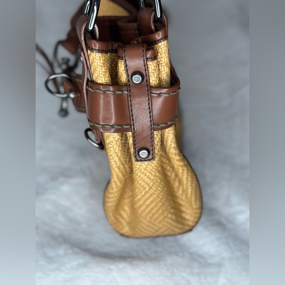 Francesco Biasia Beige Straw Brown Faux Leather Purse Shoulder Bag Satchel Tote - Picture 4 of 14